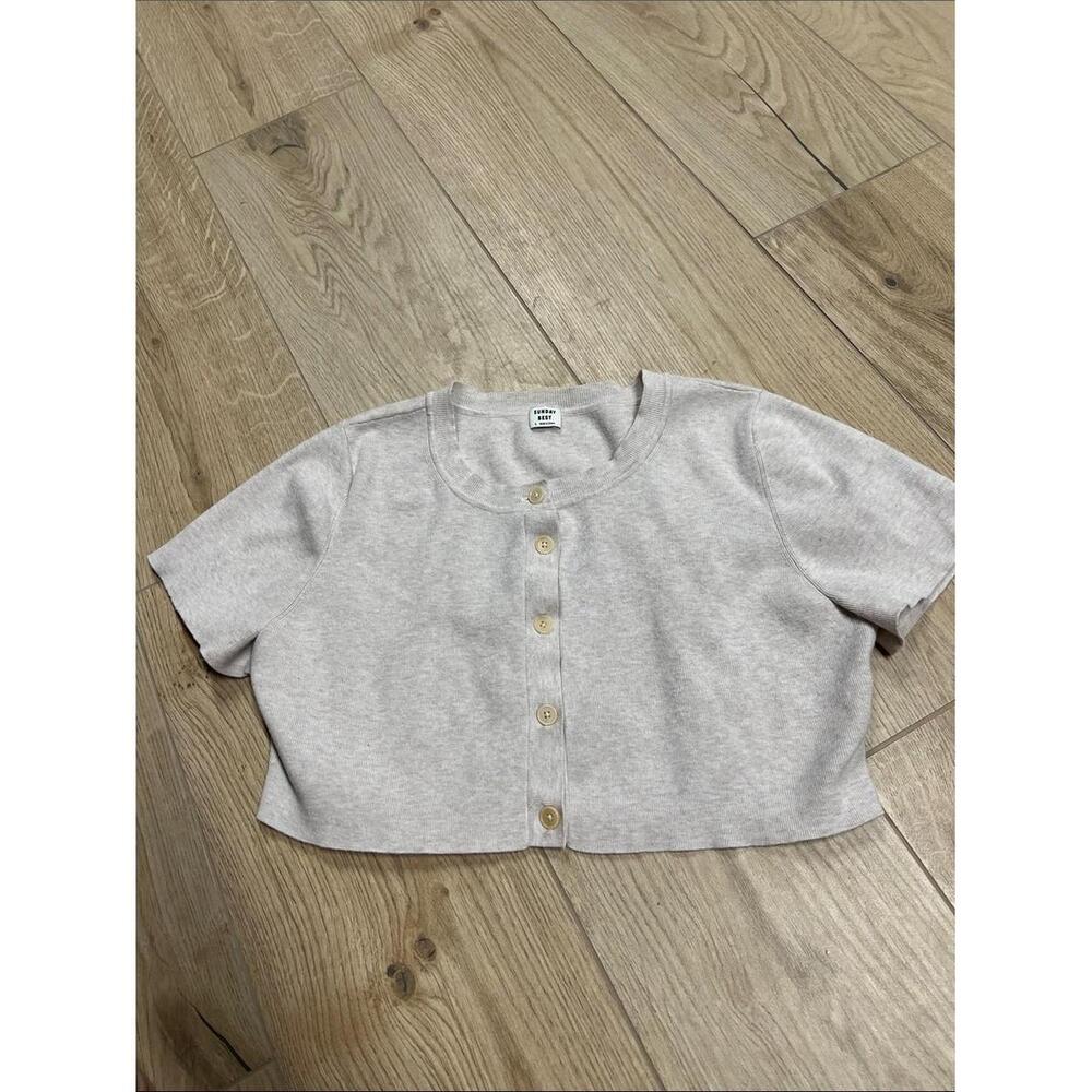 Aritzia Cropped Short-Sleeve Button Cardigan - Light Taupe